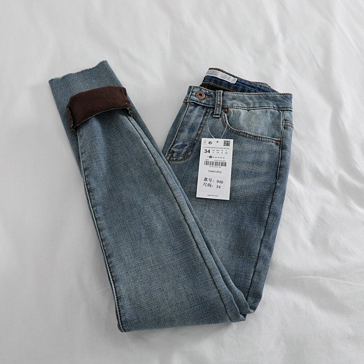 Go to the factory in Denmark Cut Mark Foreign Trade Women Dress Jeans Plus Suede Tight Pencil Pants Elastic Small Foot Long Pants