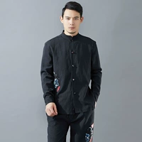 Quần áo phong cách quốc gia nam mùa thu mới tinh khiết lanh khóa áo sơ mi giản dị phong cách Trung Quốc áo sơ mi retro nam dài tay thêu thời trang đồ bộ