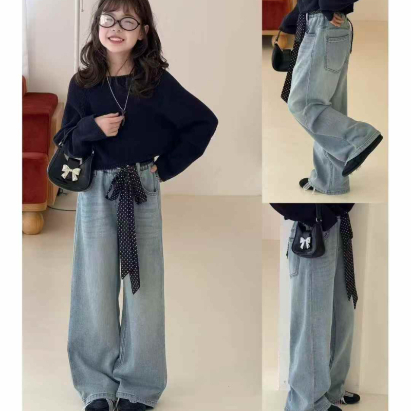 Tianyijiao 2026 Spring Collection Girls' Jeans for Older Children Korean Style Straight-Leg Pants Parent-Child 18057 18058