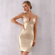 2025 women's summer new sexy suspender V-neck backless bronzing slim-fit hip-covering bandage dress
