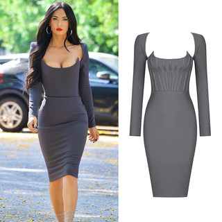 2024 Autumn and Winter New European and American Square Collar Chest-Wrapped Long-Sleeved Waist-Wrapped Arm Dress High-End Party Bandage Dress