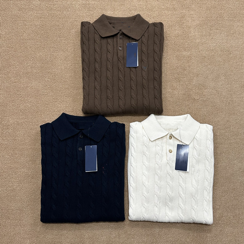 Yuan~ Foreign Trade Early Spring Men's Cable Knit Short-Sleeved Pure Cotton Knitted Polo Shirt~ Men's Soft Cable Knit Pure Cotton Sweater