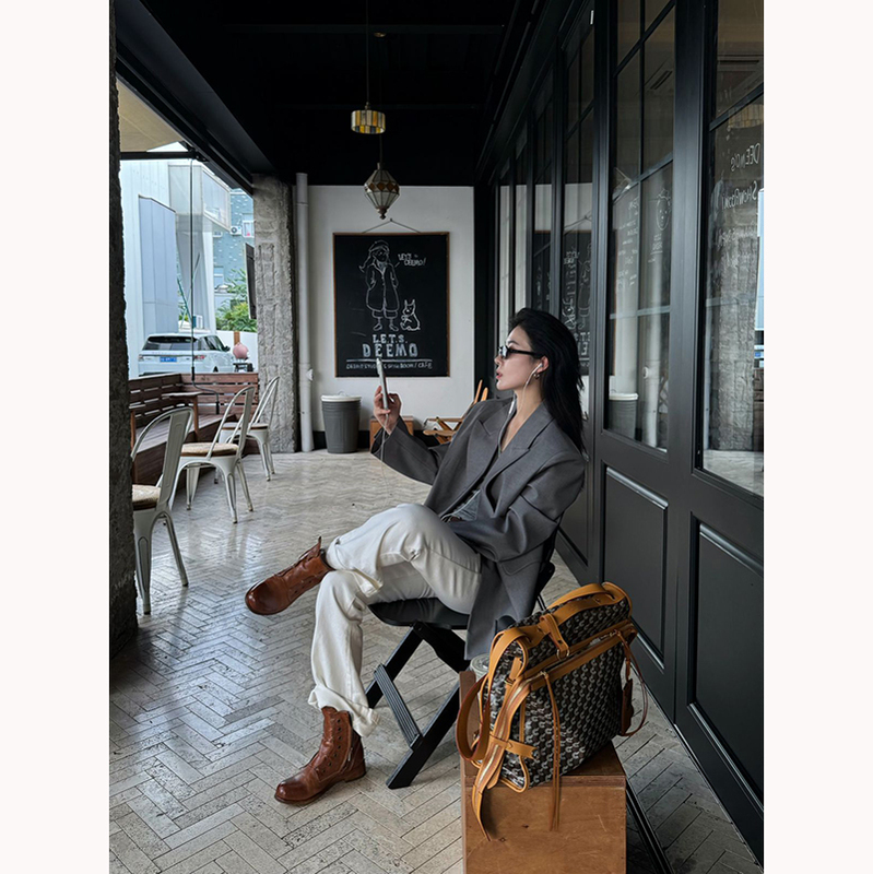 Oopslulu Relaxed Gray Oversized Blazer Women's Long Sleeve Elegant Commuter Suit Oopslulu Relaxed Gray Oversized Blazer Women's Long Sleeve Elegant Commuter Suit