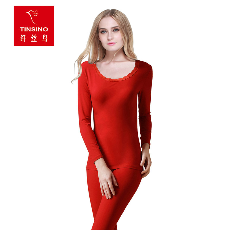 Fibre Bird New Products Thin Heat Jacket Qiuyi Sanitary Pants Suit Winter Lace Lace Solid Color Modal