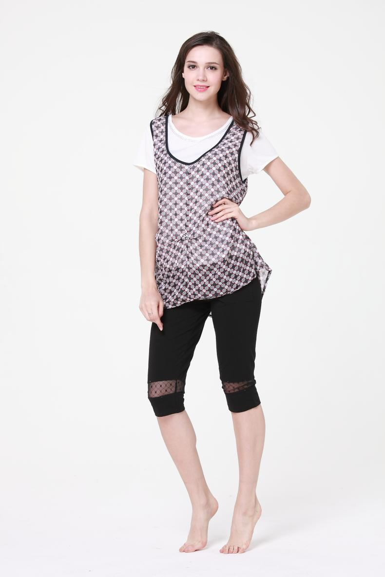 Đồ ngủ nữ mới Fu Nilai dịch vụ tại nhà mùa hè ngắn tay phù hợp với phụ nữ cotton Lycra cổ tròn cắt quần pyjama pijama lụa