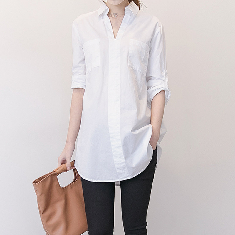 Full cotton V collar long sleeve Korean version pregnant woman shirt spring dress professional gestational woman fit loose large size blouse with bottom tide shirt