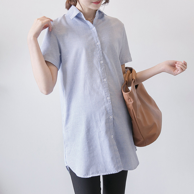 2022 Summer clothing New Pregnancy Woman Dress Short Sleeve Turnover Striped Pregnant Woman Shirt Korean Version Pregnant Women's Shirt With Long Version Blouse