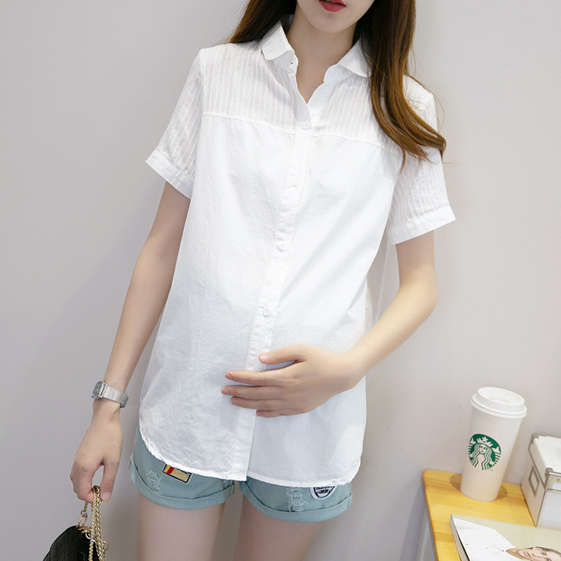 Lapel Short Sleeve White Shirt 2022 Summer Fashion Maternity Wear Short Professional Maternity Top Cotton Maternity Shirt