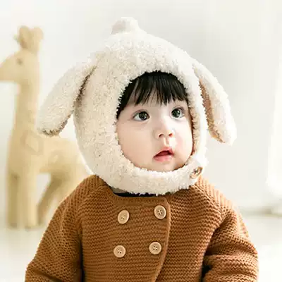 Korean baby cute rabbit ear warm hat Children's hat thickened ear protection handmade wool hat skin-friendly baby hat