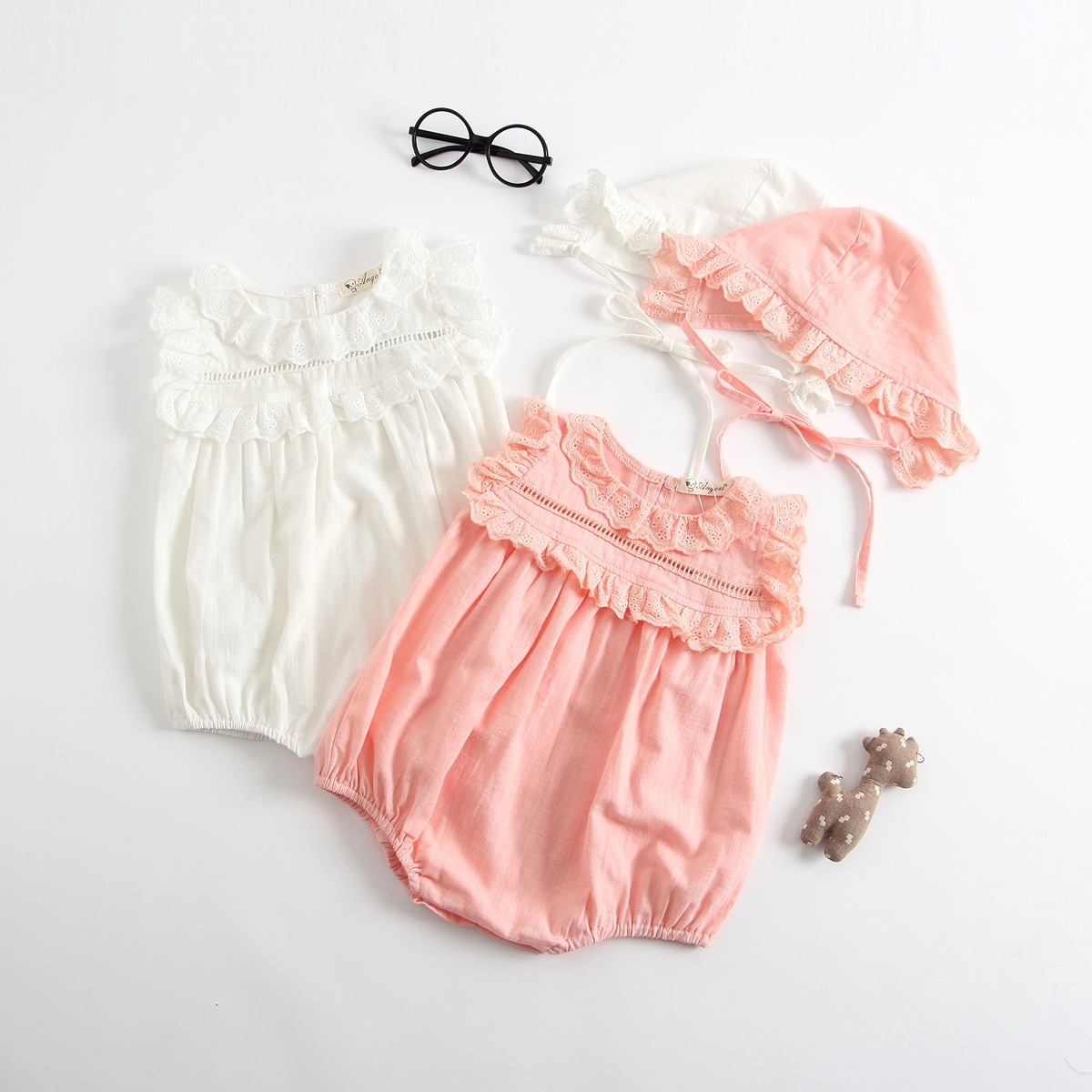Baby crawling clothes summer thin bag fart clothes sleeveless baby girl lace lace jumpsuit outing clothes with hat