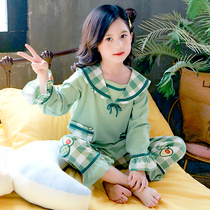 Girls foreign-looking plaid pajamas set two-piece navy collar spring and autumn model middle-aged children 7 childrens leisure home clothes 9
