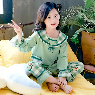 Girls foreign style plaid pajama pants set two-piece navy collar spring and autumn children 7 children's leisure home clothing 9
