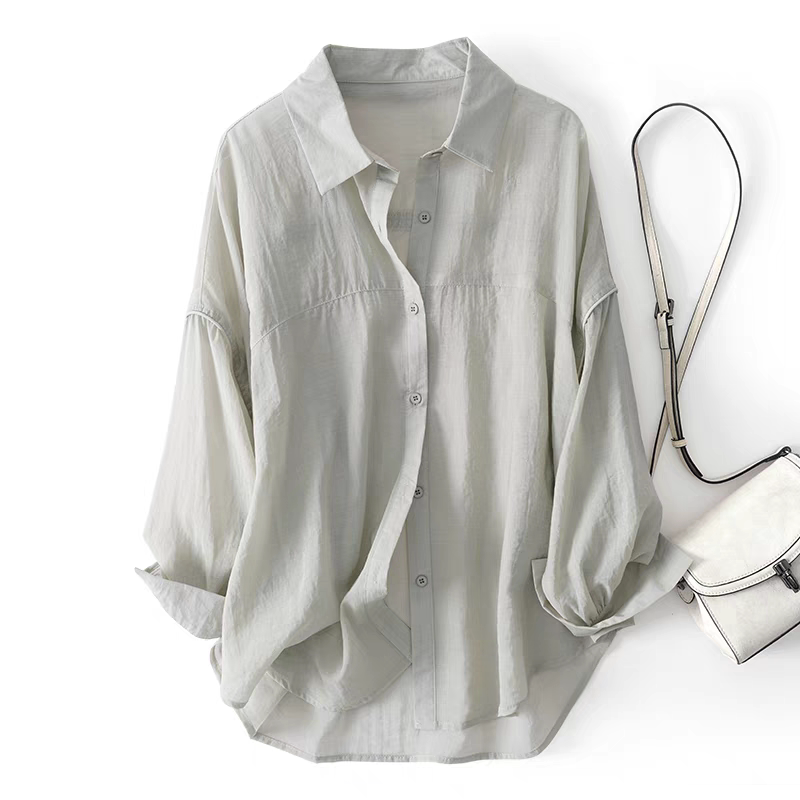 Lyocell Thin Tencel Shirt Top Mid-Length Summer Loose Breathable Casual Shirt Sun Protection Jacket for Women