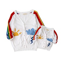 Foreign trade plus size white long sleeve hand painted rainbow stripe Sun lightning parent-child cardigan knitted sweater coat