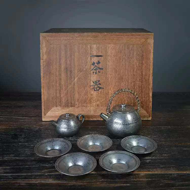 日本銀壺】尚美堂純銀茶具一套含急須茶壺5茶託茶席美器共箱