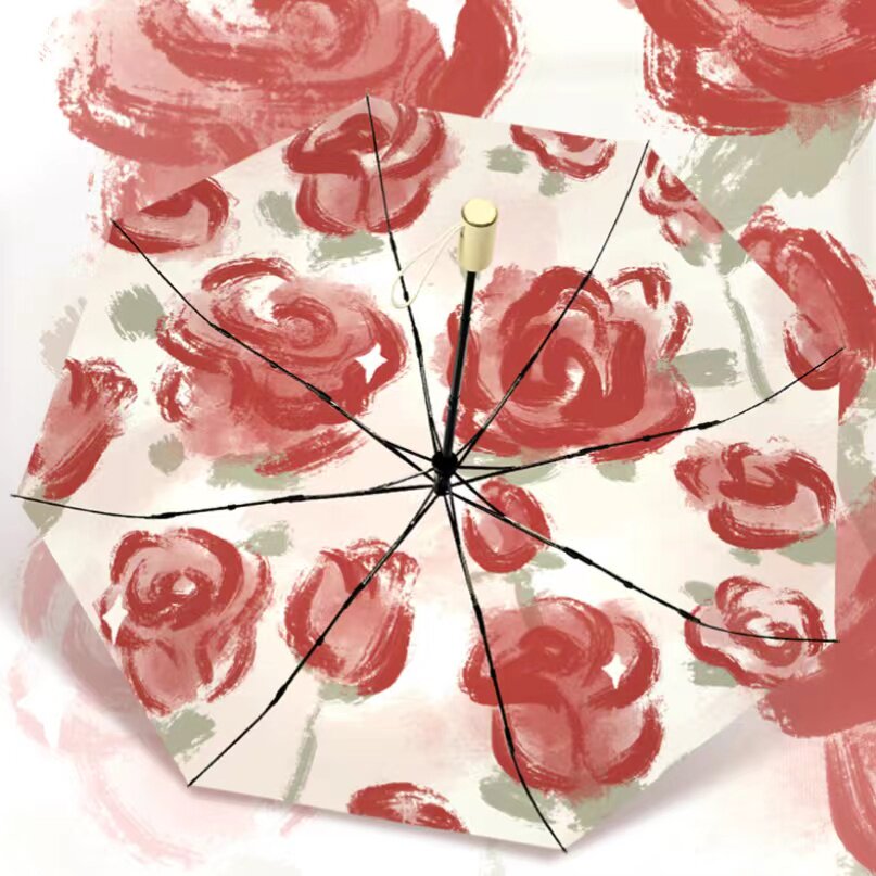 Advanced oil painting titanium alloy full automatic shading umbrella female sun protection against UV clear and rain dual-use portable folding sunshade