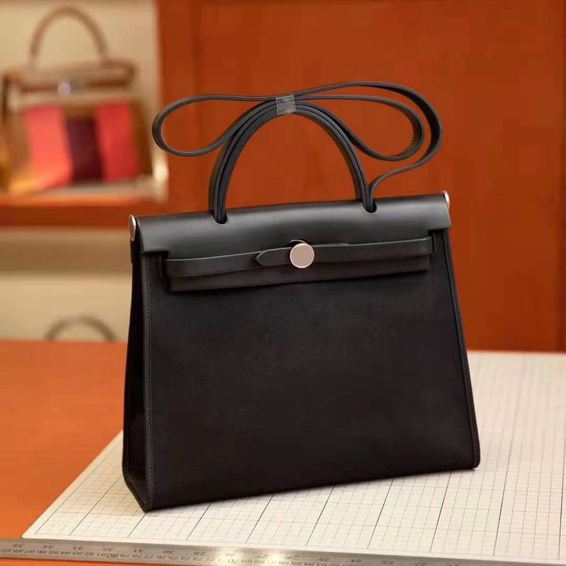 Herbag Women's Bag Canvas Bag so Black 31Cm39Cm Waterproof Coated Cotton and Linen Platinum Bag Kelly Bag