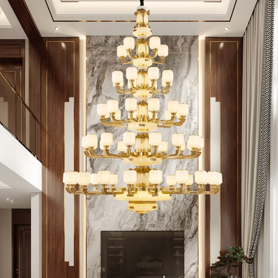 New Chinese-Style All-Copper Jade Living Room Chandelier, Villa Duplex Large Chandelier, New Model, Grand Jade Retro Large Lighting Fixture