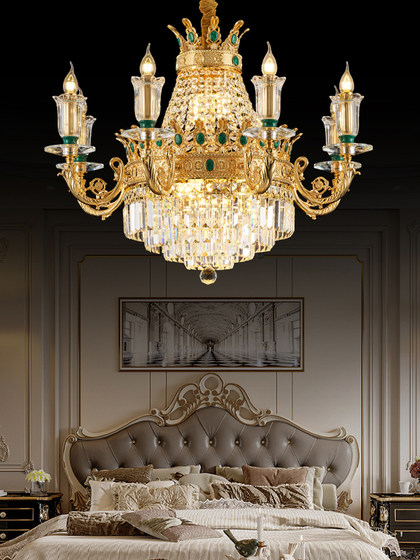 All-Copper French-Style Villa Duplex Large Chandelier, Living Room Crystal Lamp, Grand European-Style Self-Built House Hollow Luxury Lighting Fixtures