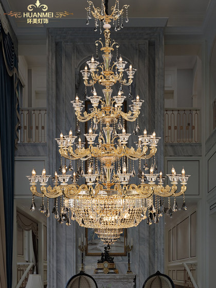 Villa Duplex Building Living Room All-Copper Crystal Large Chandelier European-Style Restaurant Lamp Accessible Luxury French Empty 24K Gold Lamps