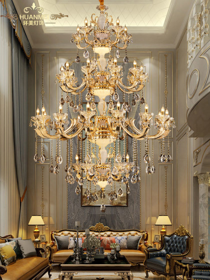Villa Living Room All-Copper Crystal Chandelier European-Style Duplex Hollow Chandelier French Light Luxury Dining Room Bedroom Lighting Fixtures