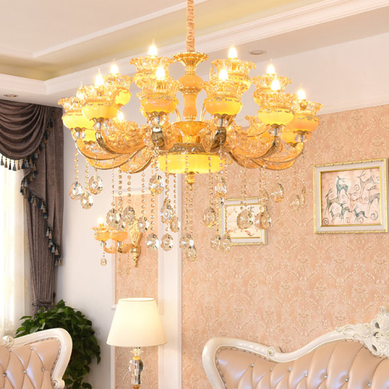 European Duplex Building House Crystal Chandelier Luxury Living Room Main Light Golden Natural Jade Large Chandelier Restaurant Lighting