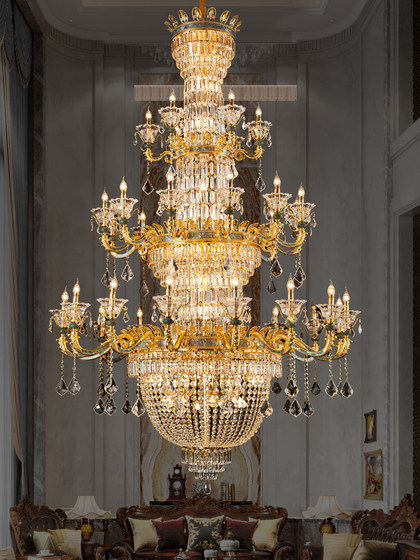 All-Copper Villa Duplex Living Room Large Chandelier Hollow Mezzanine Lobby Loft Mid-Rise Long European-Style Crystal Lighting Fixtures