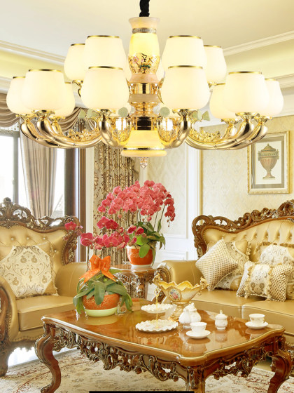 All-copper duplex building living room large chandelier simple new Chinese style mansion self-built house European style villa natural jade lamps