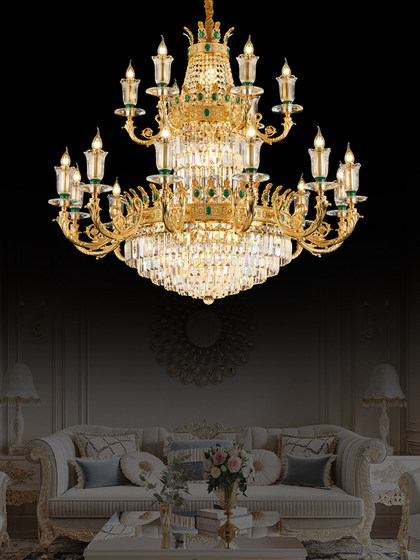 All-Copper French-Style Villa Duplex Large Chandelier, Living Room Crystal Lamp, Grand European-Style Self-Built House Hollow Luxury Lighting Fixtures