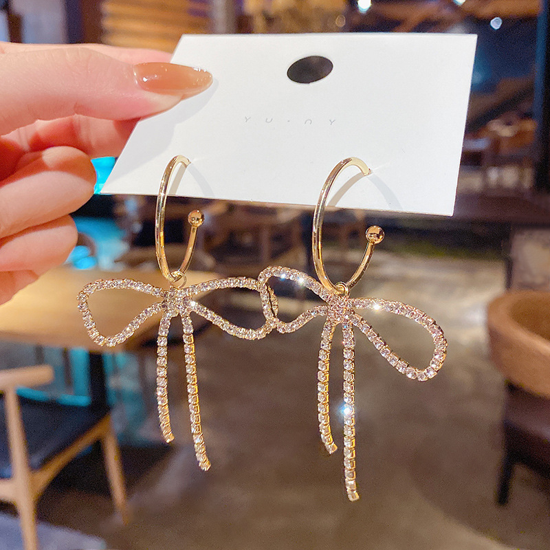 Real shot 925 silver needle bow with diamond exaggeration Earrings women's versatile personality Earrings