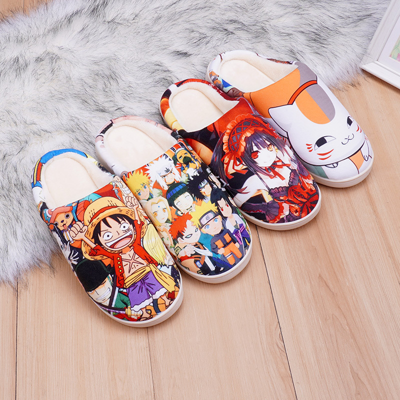 Two-Dimensional Cotton Slippers, Anime Peripherals, Autumn and Winter Cartoon Home Shoes, Couple Non-Slip Plush Home Slippers for Men and Women