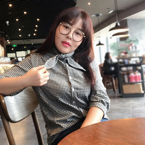  Sugar sugar plus size womens clothing fashion addiction spring new Korean plaid single-breasted lace-up fat mm shirt shirt women 4238