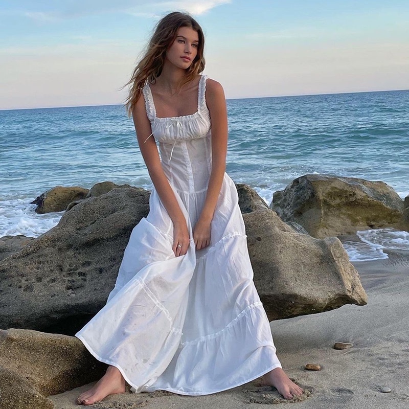 Aoouiu Frankies Bikinis Resort Style French Ruffled Maxi Dress Suspender Long Dress Aoouiu Frankies Bikinis Resort Style French Ruffled Maxi Dress Suspender Long Dress