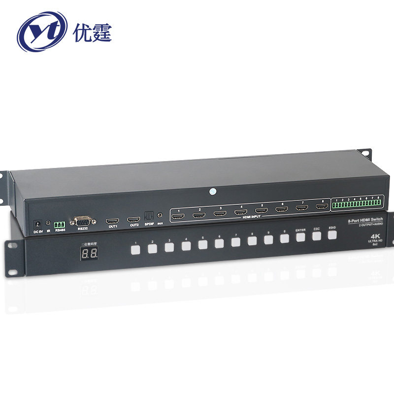 Uber 4KHDMI switcher 8 in 2 out with audio Aux fiber 1U Rack in control RS232 Manual switching