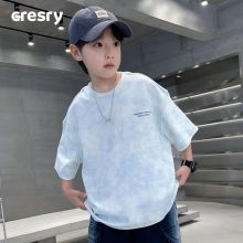 Korean CRESRY Children's Fashion Brand Boys' Short sleeved T-shirt 2024 New Summer Children's Medium to Large Children's Light Blue Top