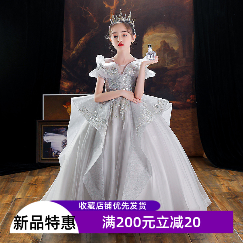 Children's High-End Runway Trailing Evening Dress for Girls, Elegant and Dignified, Suitable for Hosting, Piano Performance, Competition, and Art Exam Attire