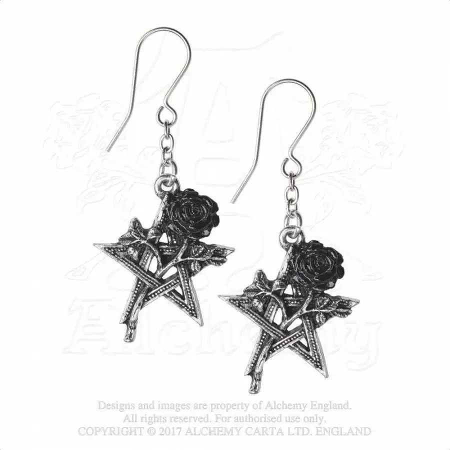 Alchemy Gothic [E402 Ruah Vered чёрная роза пятиконечная звезда рок готика панк серьги]