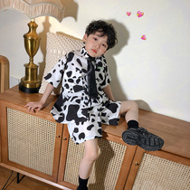 Pear vortex home cow boys summer dress short sleeve set 2021 New Tide Red fashion foreign children handsome childrens clothing