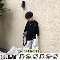 Pear family boy black smiley short-sleeved T-shirt Pure cotton childrens clothing spring 2021 Korean version of the childrens half-sleeve foreign tide