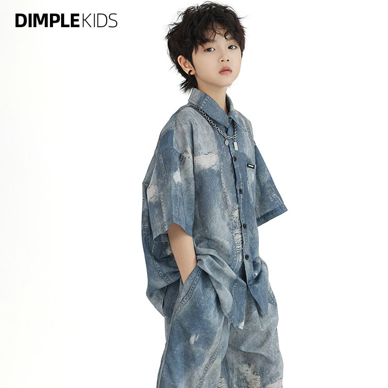 High-Sweetness Pear-Pattern Children's Clothing Set'Summer Awakening' Boys' Faux Denim Shirt Set Girls' Summer Children's Shorts Trendy High-Sweetness Pear-Pattern Children's Clothing Set'Summer Awakening' Boys' Faux Denim Shirt Set Girls' Summer Children's Shorts Trendy