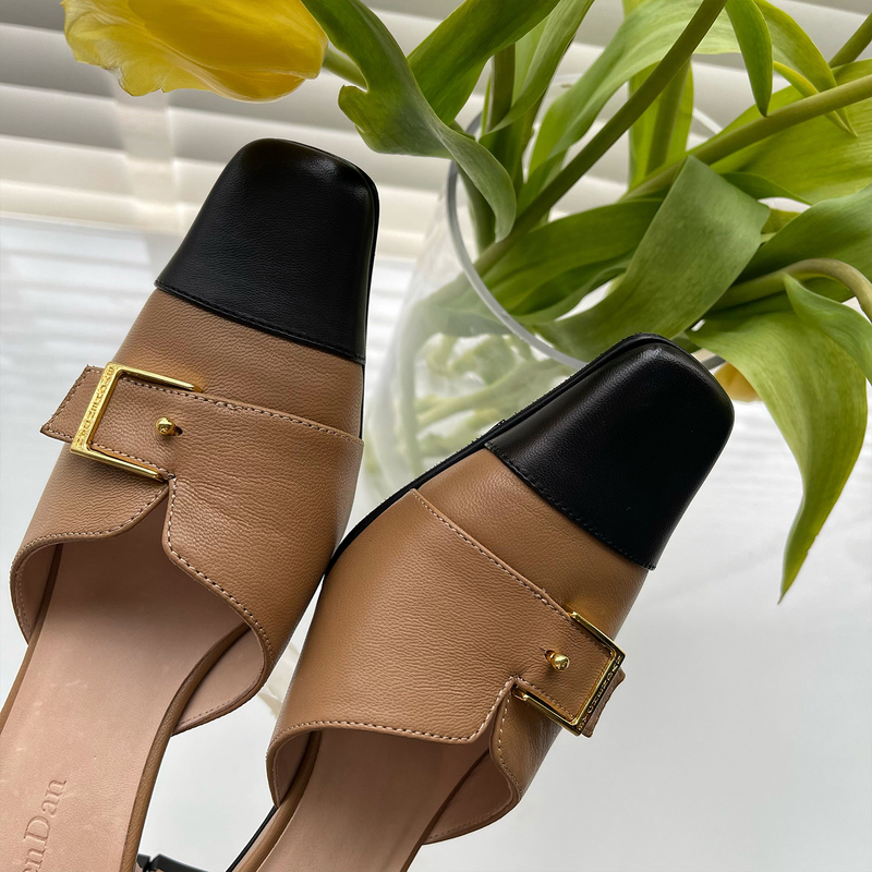 Handmade Shoes by Chendan Chen Dan Women's Shoes Mid-Heel Slippers Closed-Toe Hong Kong Style Square-Toe Sandals Summer Commuting Vacation