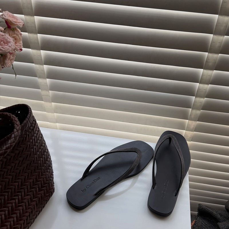 Handmade Shoes Chen Dan Women's Shoes Beach Vacation Flip-Flops Black Thong Sandals Genuine Leather Sweat-Absorbent Daily Wear