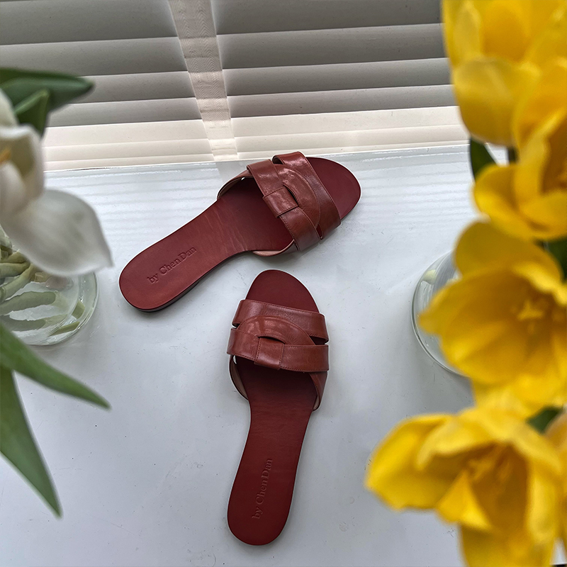 Handmade Shoes by Chendan Chen Dan Women's Shoes Caramel Summer Slippers Retro Genuine Leather Sweat-Absorbent Beach Vacation Seaside