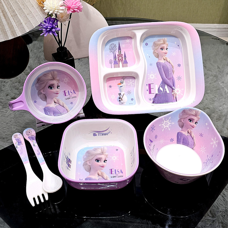 Disney Elsa Children's Tableware Cartoon Cute Household Baby Eating Bowl Plate Food Bowl Spoon and Fork Set