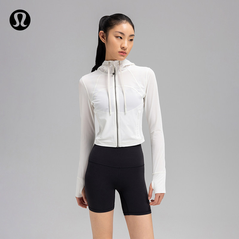 Lululemon Women's Mesh Short Hooded Jacket, Same Style as in the Mall, Lw4Bvzs, English Embroidered Sports Outerwear