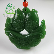 Украшения на шею 肖雅斋 新疆和田玉碧玉双鱼吊坠 菠菜绿花篮双鱼项坠挂件连年有余