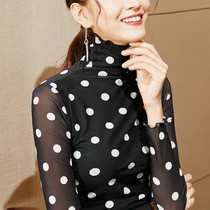 Fashion polka dot net gauze base shirt female wooden ear high collar Latin dance practice uniforms long sleeve slim national standard dance shirt