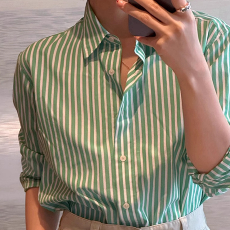 Korean Style All-Cotton Green Striped Shirt for Women, Unique Design, Casual Top, Early Spring New Model 2026