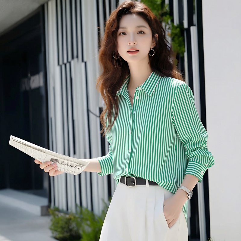Korean Style All-Cotton Green Striped Shirt for Women, Long-Sleeved, Unique Design, Casual Top, Early Autumn New Model 2026