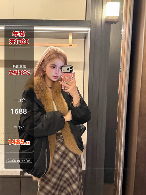 Mungsera'Winter Edinburgh' Fox Fur Parka down Jacket Black Short Warm Coat New Style